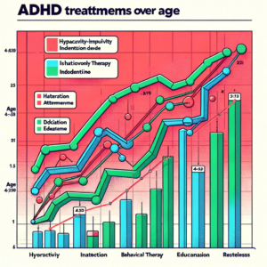 The line graph displays the evolution of ADHD symptoms over age, with separate lines for Hyperactivity-Impulsivity, Inattention, and Restlessness.The bar chart shows common treatment options for ADHD, including Medication, Behavioral Therapy, and Education/Training, arranged in descending order of common use.